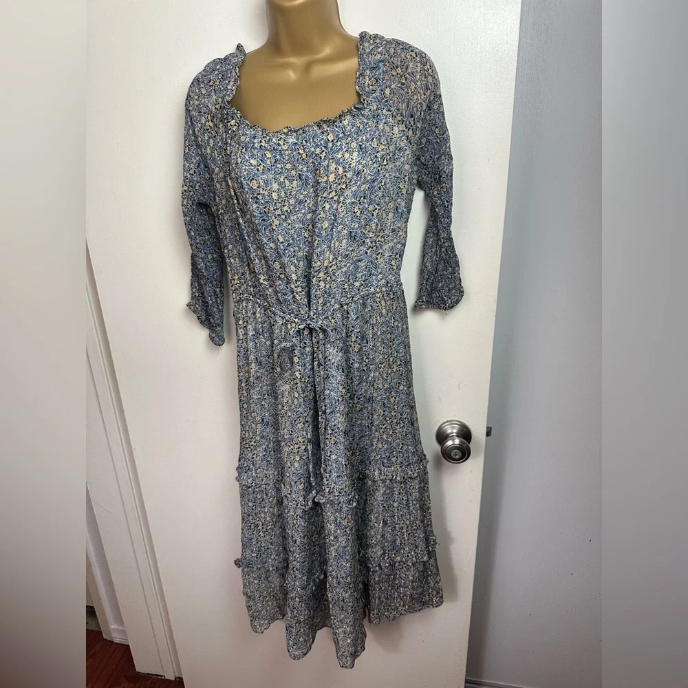 By Anthropologie Blue Kira Off-The-Shoulder Adjustable TieWaist Peasant Dress 14 - Picture 6 of 16